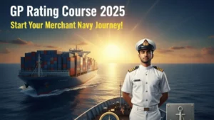 A young Indian sailor in a white uniform stands confidently on a cargo ship's deck during a golden sunrise, looking towards his future in the Merchant Navy. The image promotes the GP Rating Course for 2025.