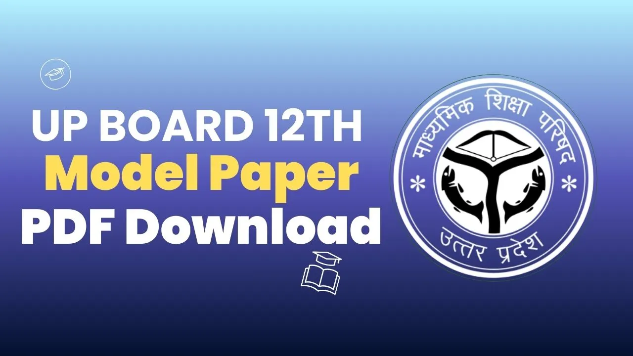 UP Board 12th Model Paper 2025 PDF Download banner with UPMSP logo and blue background.