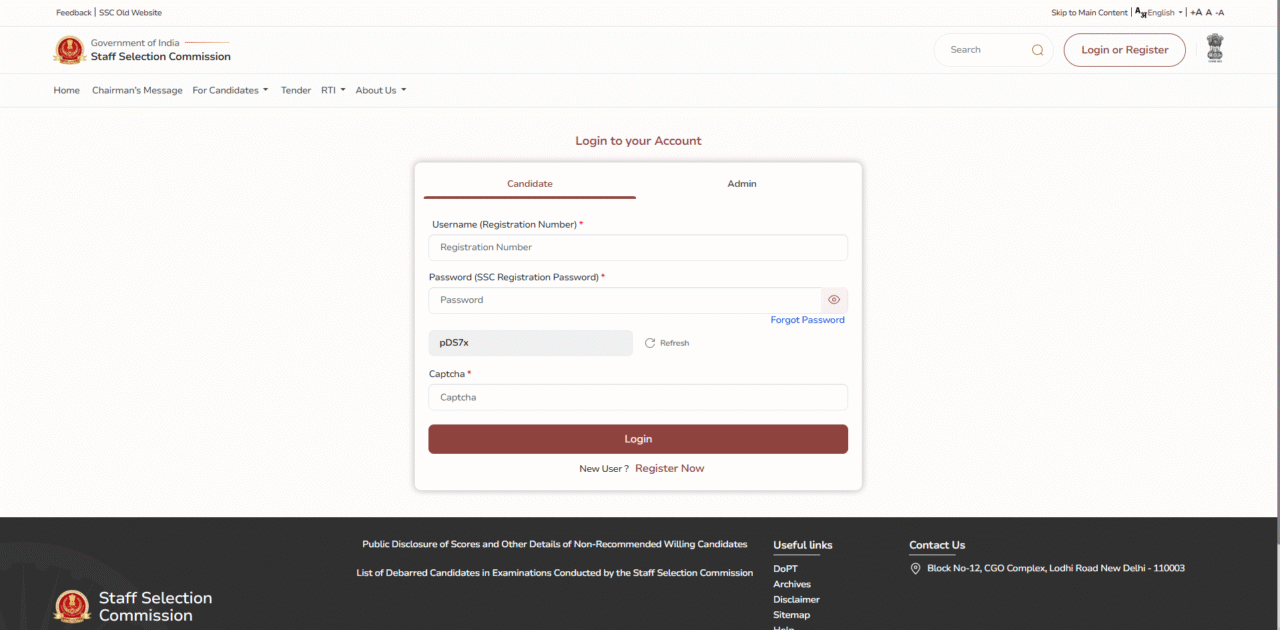 ssc webiste applicant login window