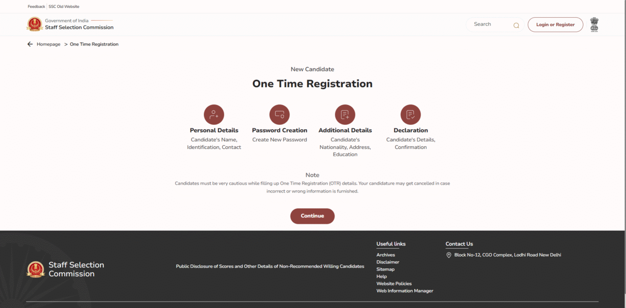 ssc website applicant otr registration window