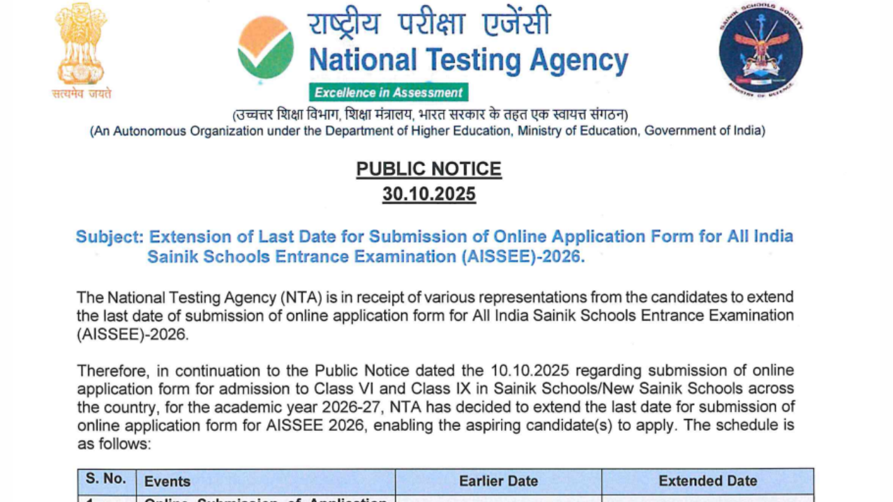 AISSEE 2026 Registration date extended till 9 november