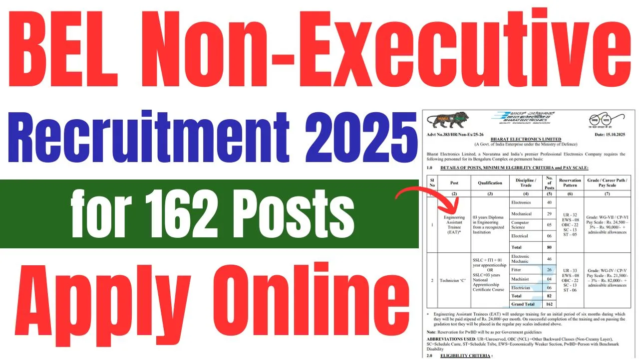 BEL Non-Executive Recruitment 2025: Apply Online for 162 Posts | BEL Bengaluru Vacancy Details, Eligibility, Salary, Last Date