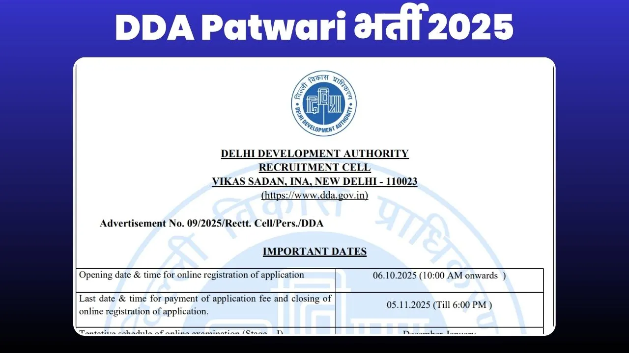DDA Patwari Bharti 2025 official advertisement poster from Delhi Development Authority, showing important dates for online registration starting October 6, 2025, and closing November 5, 2025.