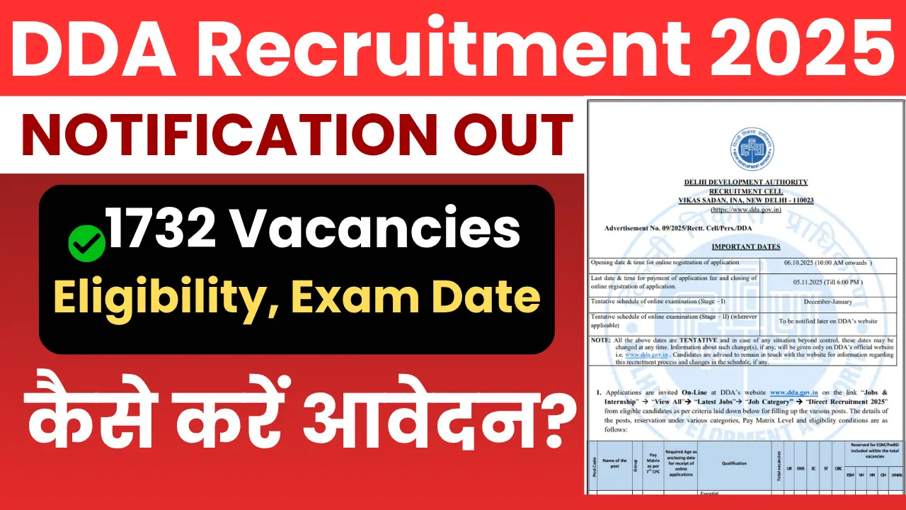 DDA Recruitment 2025 Notification Out – Apply Online for 1732 Vacancies, Check Eligibility, Exam Date, and How to Apply