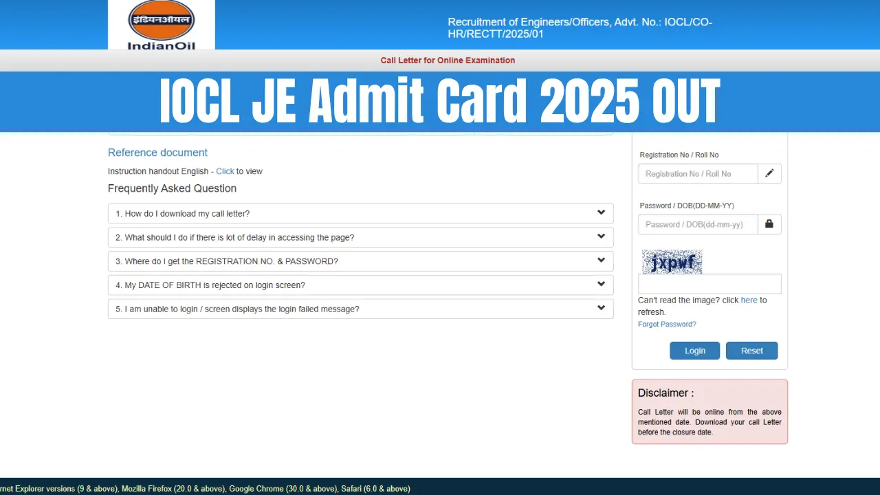 IOCL JE Admit Card 2025 download page on ibpsonline.ibps.in showing login window for Engineers and Officers exam.