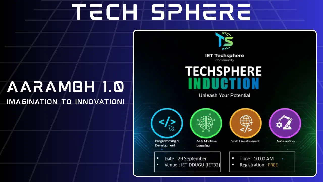 IET Deen Dayal Upadhyay Gorakhpur University students launching Tech Sphere community and Aarambh 1.0 hackathon, promoting innovation and tech culture on campus