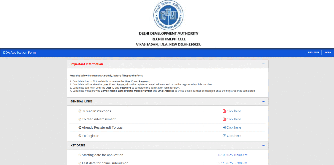 dda official website candidate login/signup section