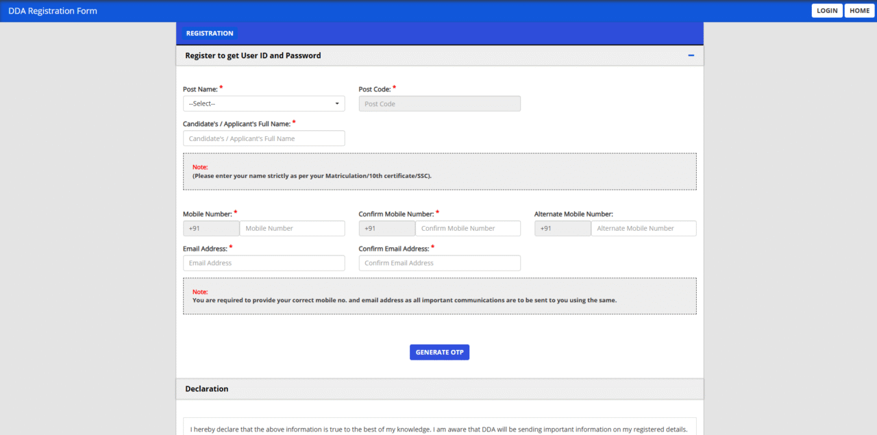 dda official website candidate registration window