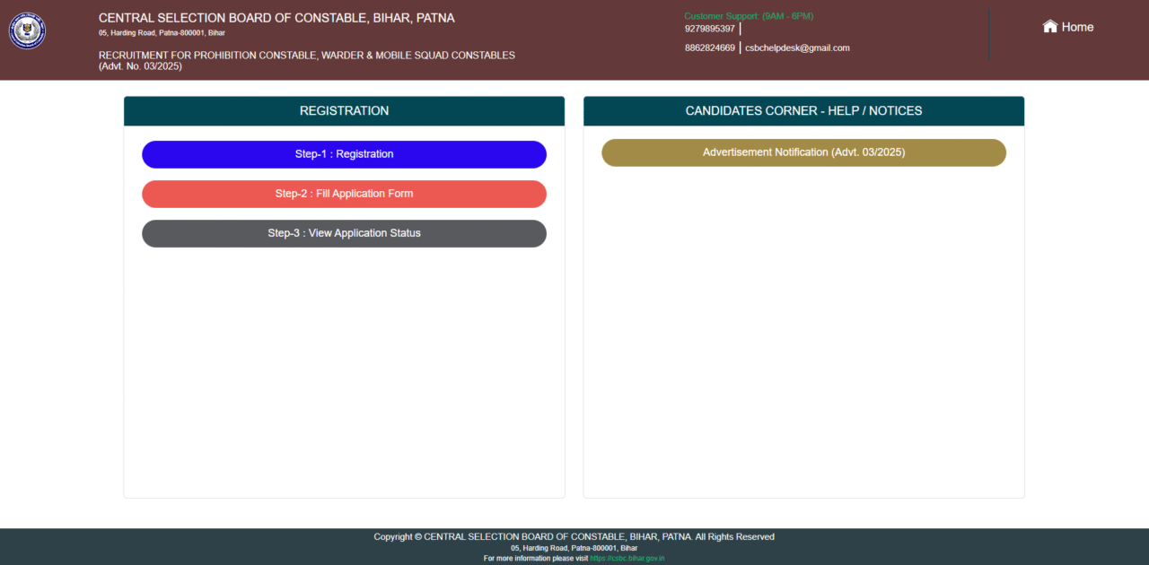 csbc.bihar.gov.in registration window for bihar police constable vacancy