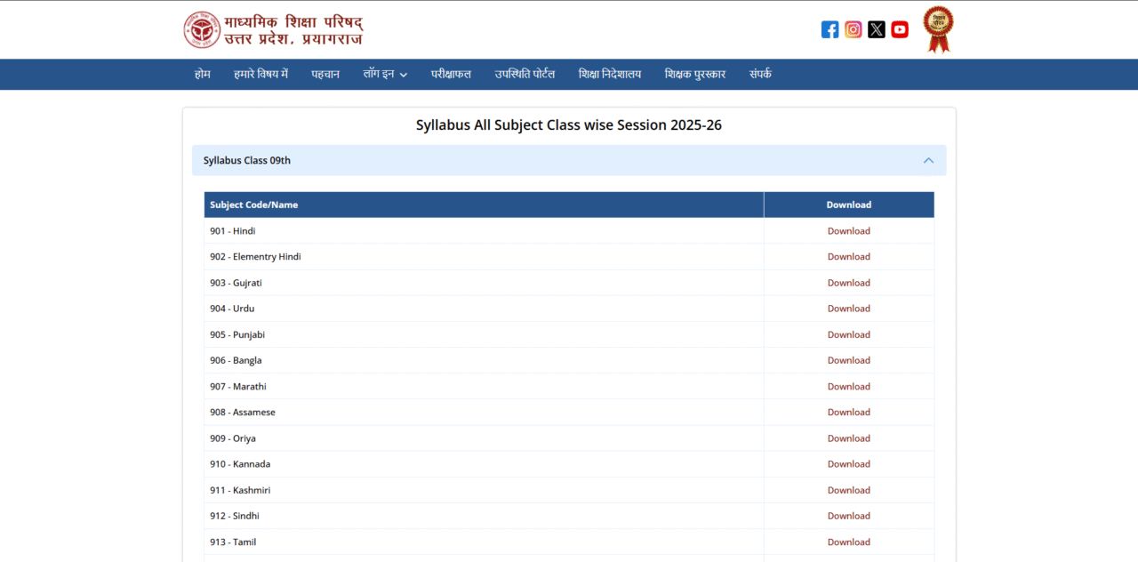 UP Board official website syllabus pdf download page