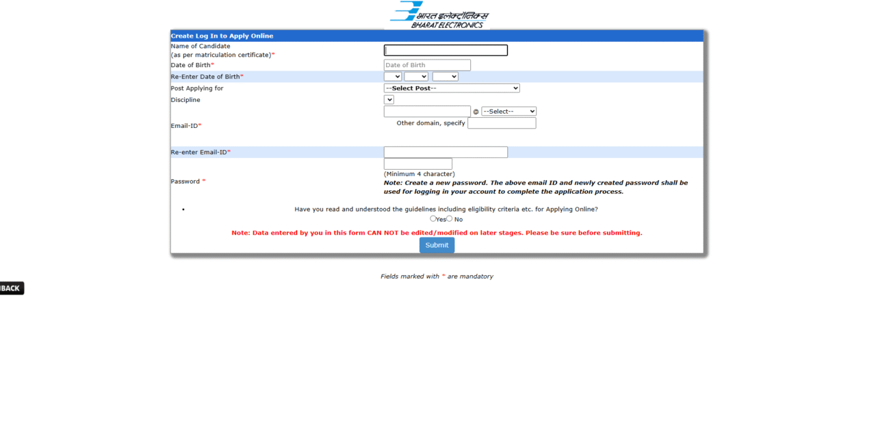 BEL Official Website candidate registration window Screenshot