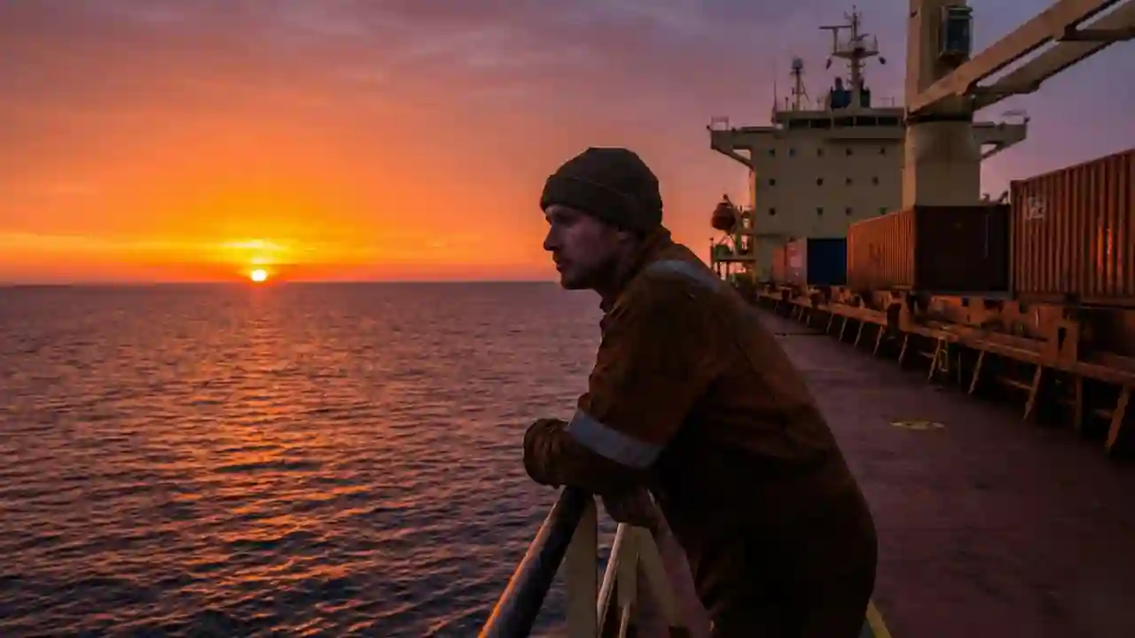Merchant navy sailor standing on a ship deck looking at a cinematic sunset over the ocean.