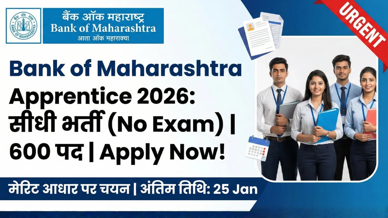 Bank of Maharashtra Apprentice Recruitment 2026 Thumbnail - 600 Vacancy No Exam Selection