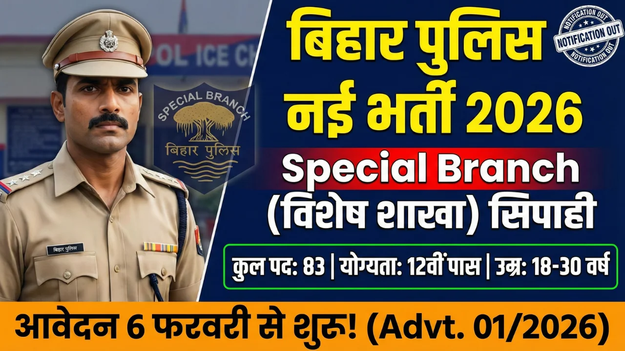 बिहार पुलिस स्पेशल ब्रांच भर्ती 2026 (Advt. No. 01/2026): सिपाही के 83 पदों के लिए आवेदन 6 फरवरी से शुरू होंगे।
