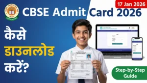 CBSE Admit Card 2026 download guide showing a happy Indian student holding a hall ticket, with a blue split background, CBSE logo, and a laptop screen displaying the official login page. Text in Hindi says 'Kaise Download Karein