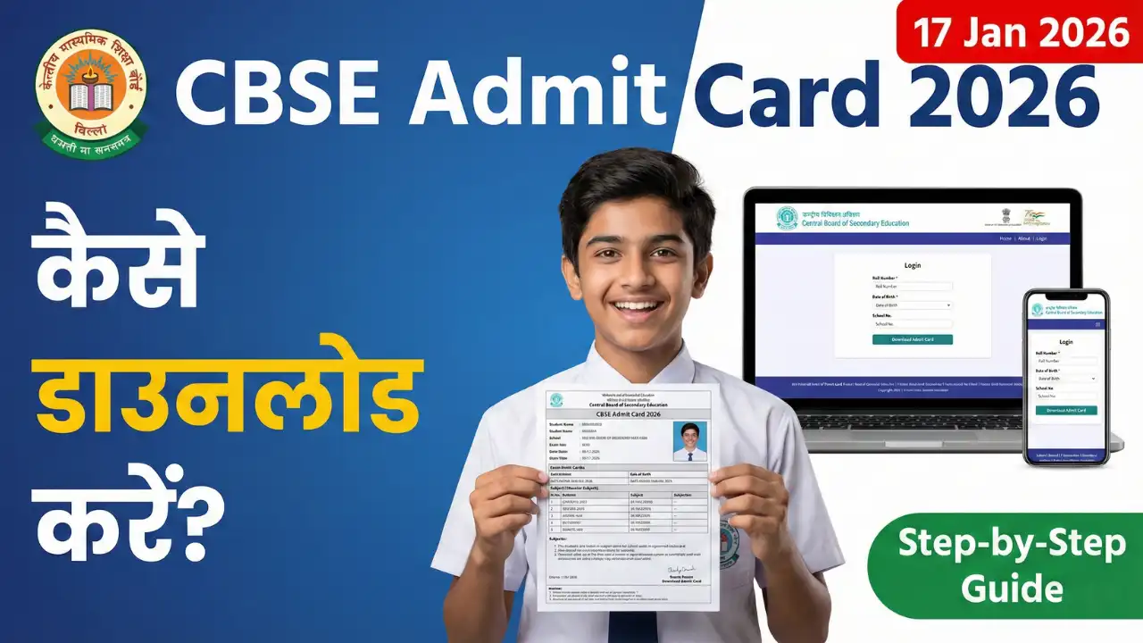 CBSE Admit Card 2026 download guide showing a happy Indian student holding a hall ticket, with a blue split background, CBSE logo, and a laptop screen displaying the official login page. Text in Hindi says 'Kaise Download Karein