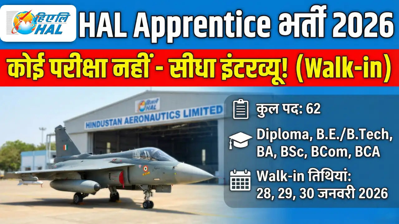 HAL Apprentice Recruitment 2026 YouTube Thumbnail showing No Exam Direct Walk-in Interview details for Diploma and Graduates.